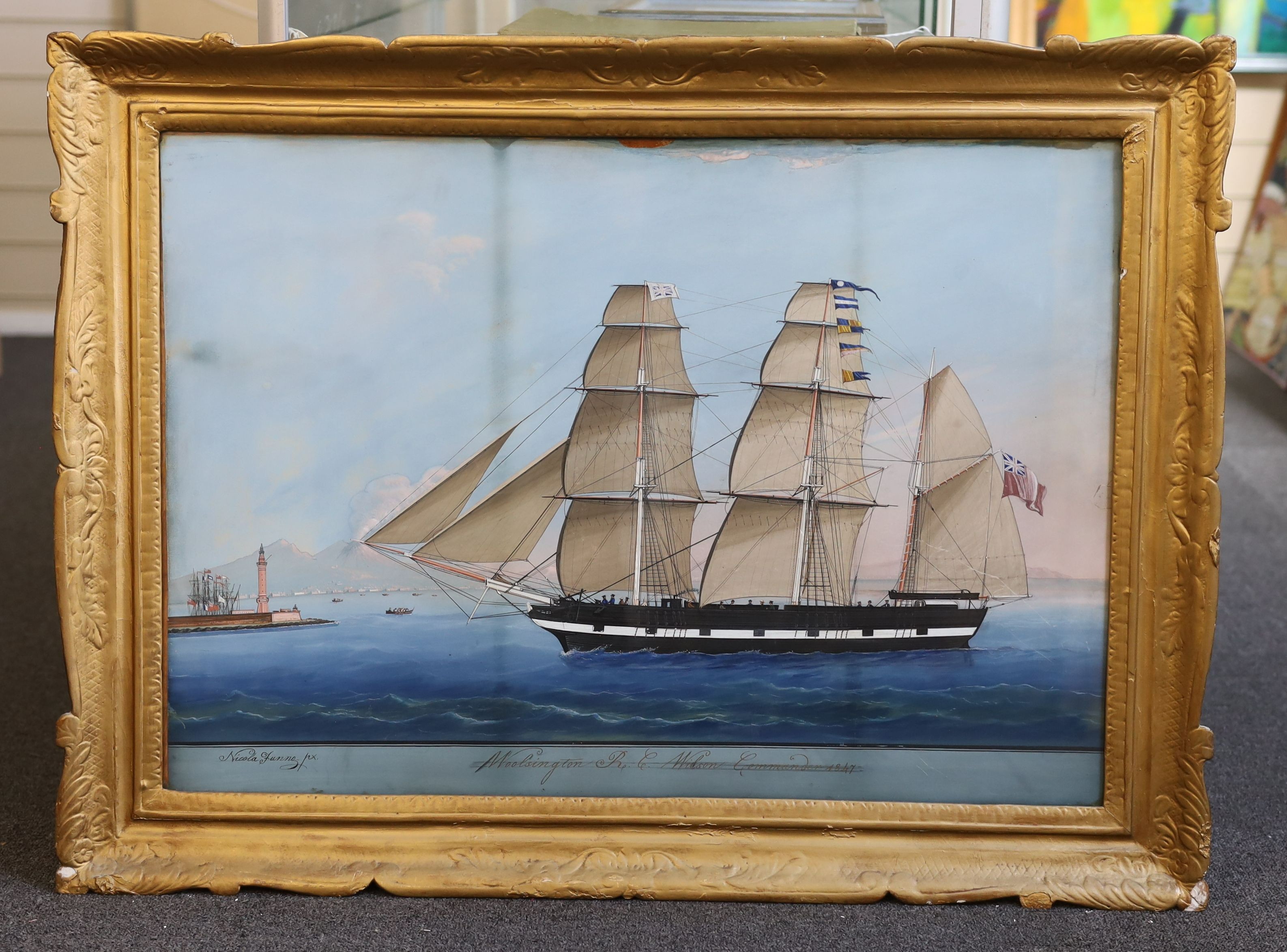 Nicola Funno (Italian, 19th C.), Portrait of the British ship, 'Moolsington R.C. Wilson Commander 1847', with Vesuvius in the background, gouache on paper, 54 x 76cm